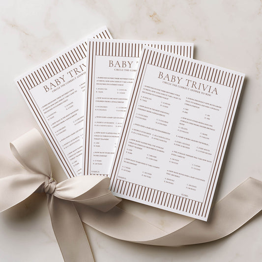 Printed Baby Trivia – Brown Minimalist Stripe | Baby Shower Games Australia