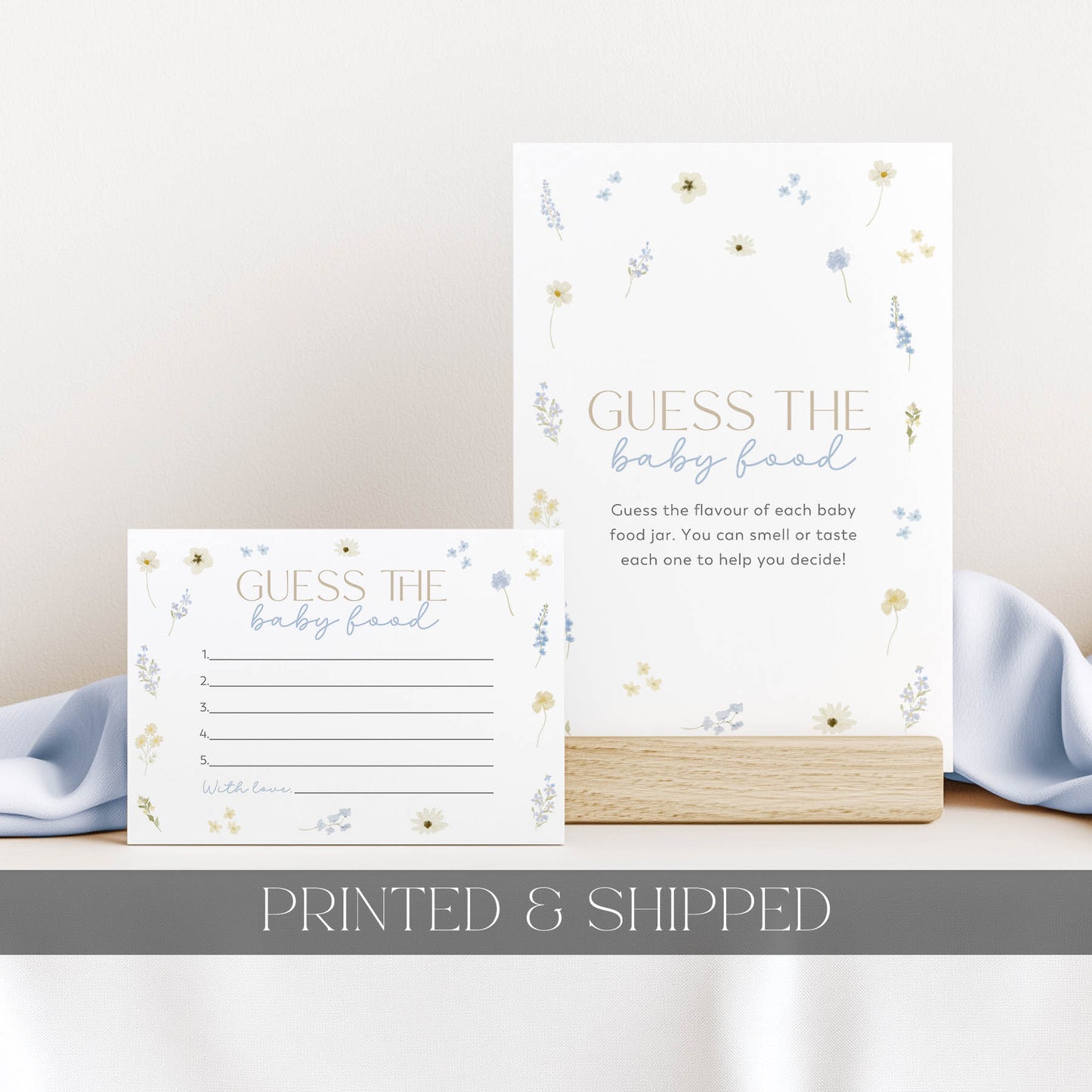 Guess the baby food cards with floral design on a neutral background