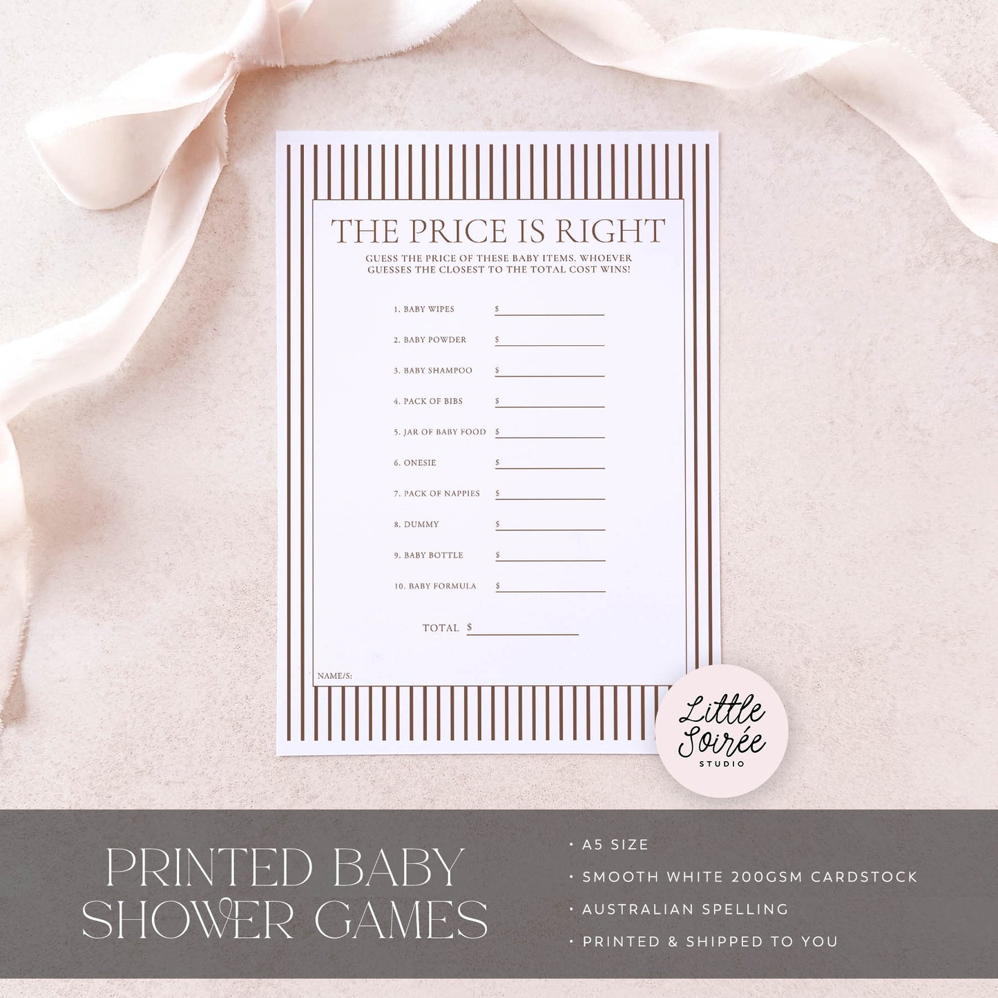Printed Price is Right Baby Shower Game – Brown Minimalist Stripe | Baby Shower Games Australia
