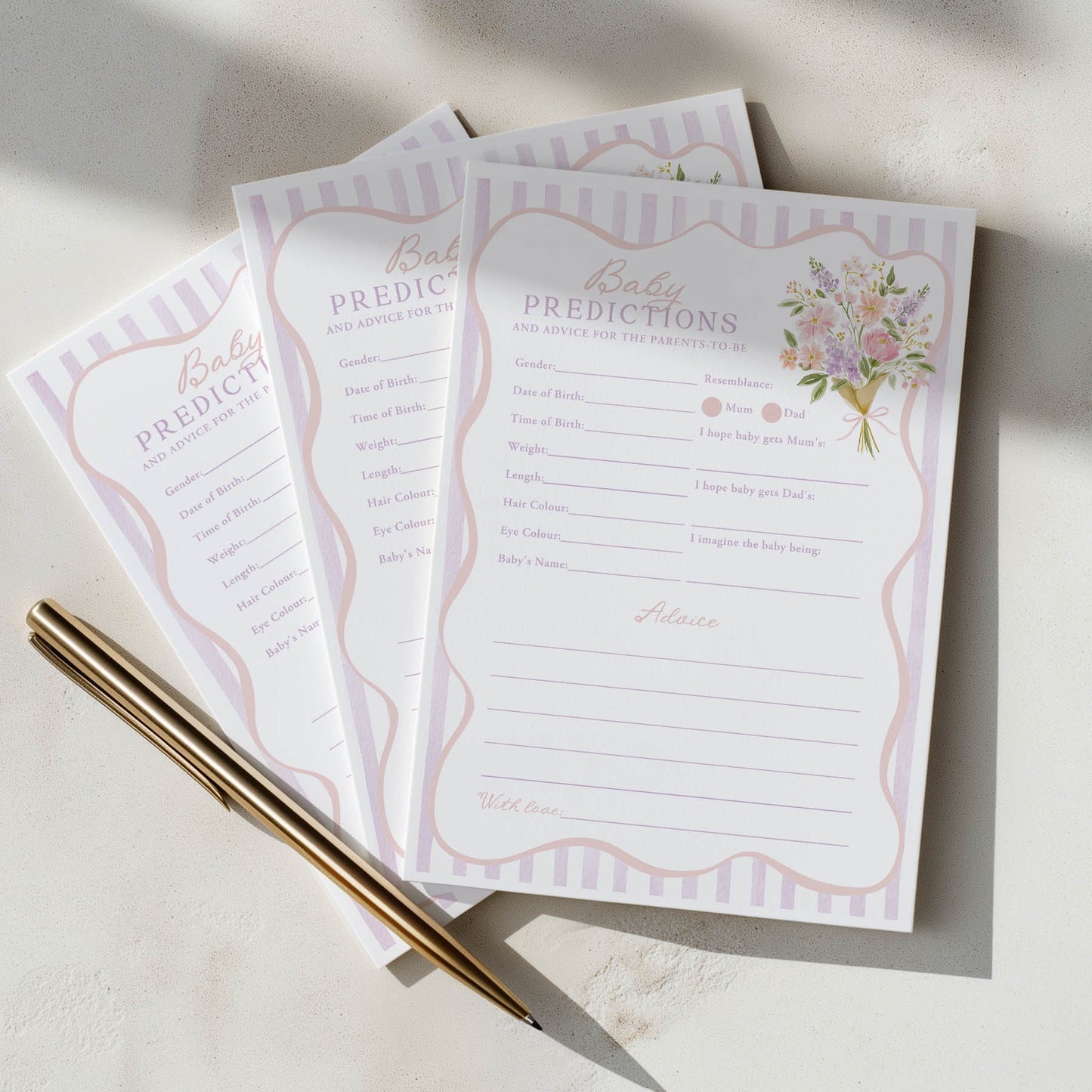 Printed Baby Shower Predictions & Advice Game – Purple Baby in Bloom | Baby Shower Games Australia