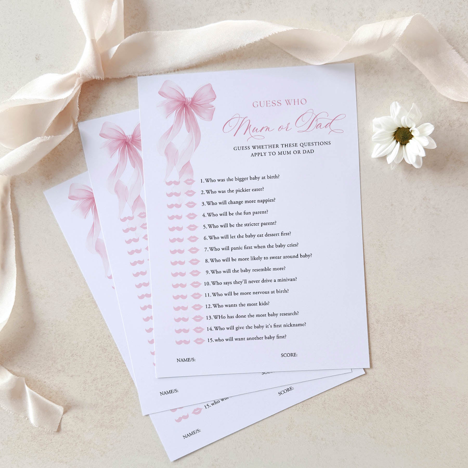 Guess Who game cards with pink ribbons and a flower on a light background