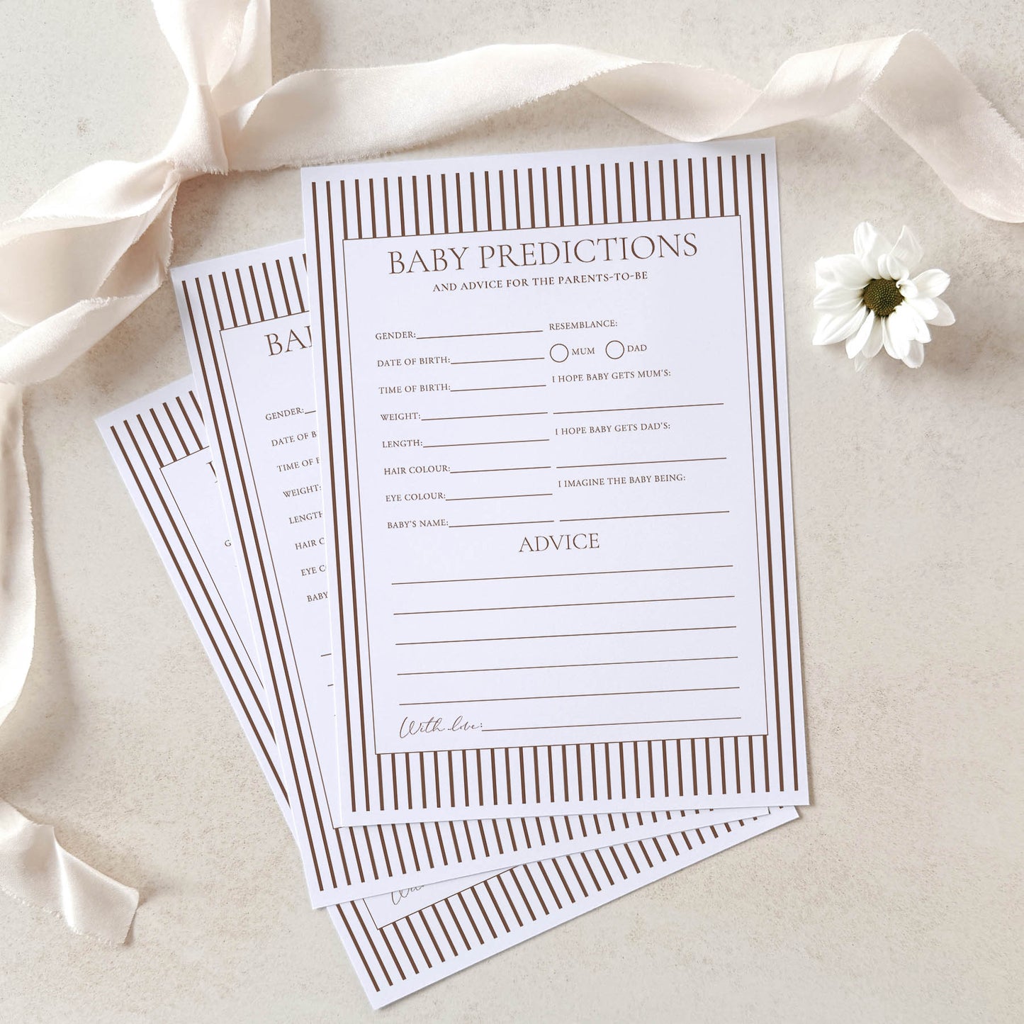 Printed Baby Shower Predictions & Advice Game – Brown Minimalist Stripe | Baby Shower Games Australia