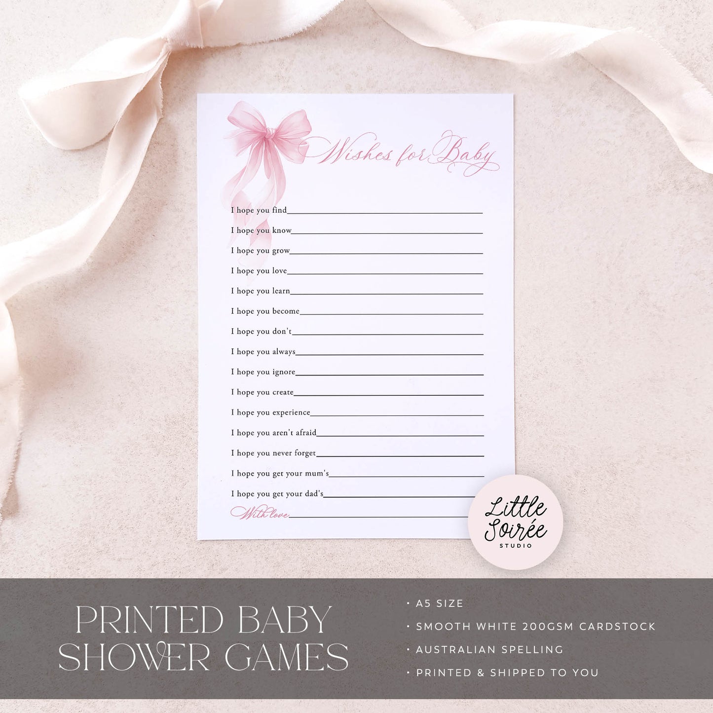 Baby shower game card with duck design on a beige fabric background