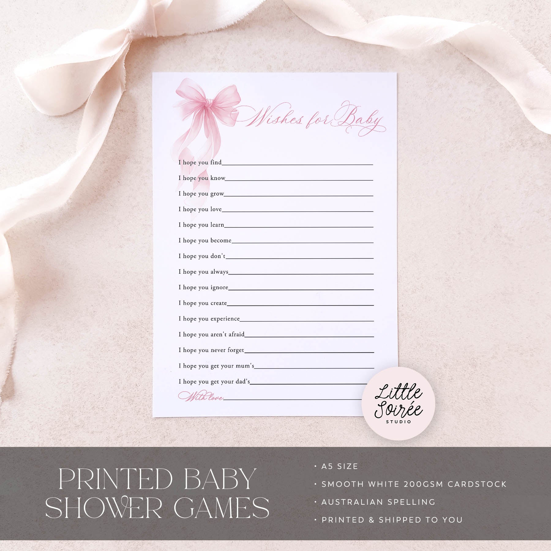 Baby shower game card with duck design on a beige fabric background