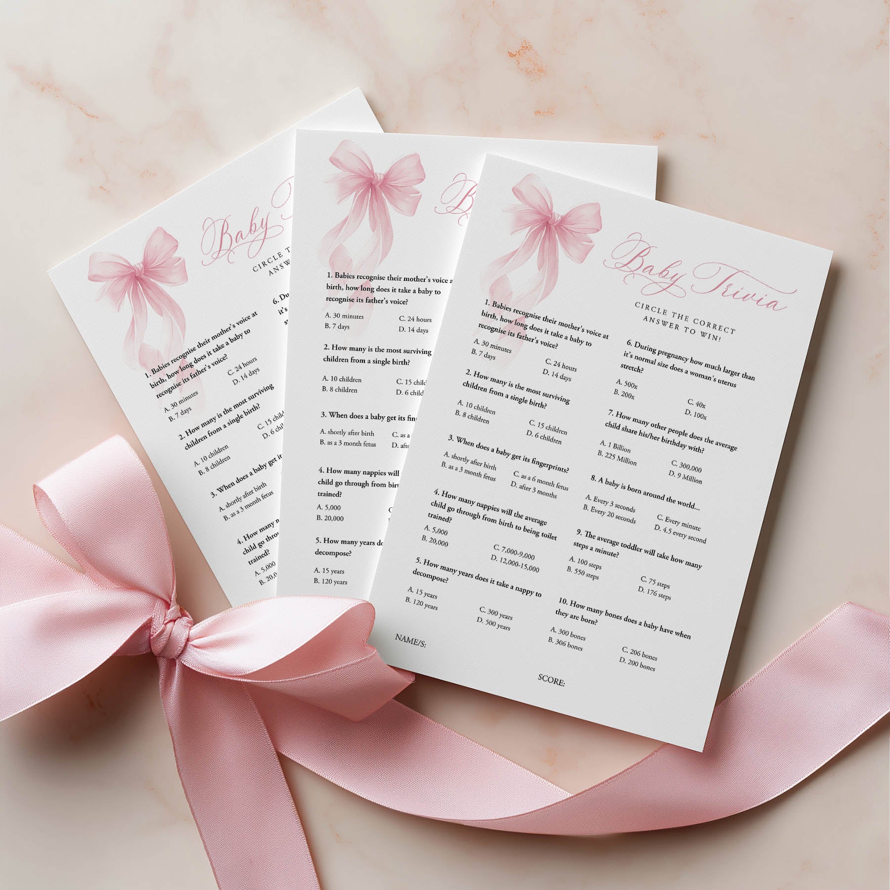 printed baby shower games baby trivia cards in pink bow design