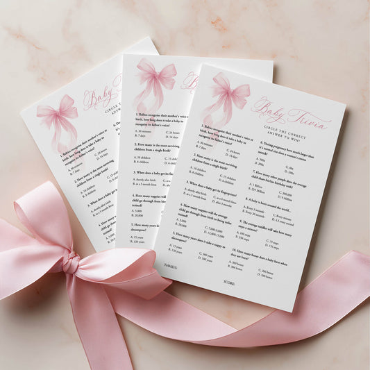 printed baby shower games baby trivia cards in pink bow design