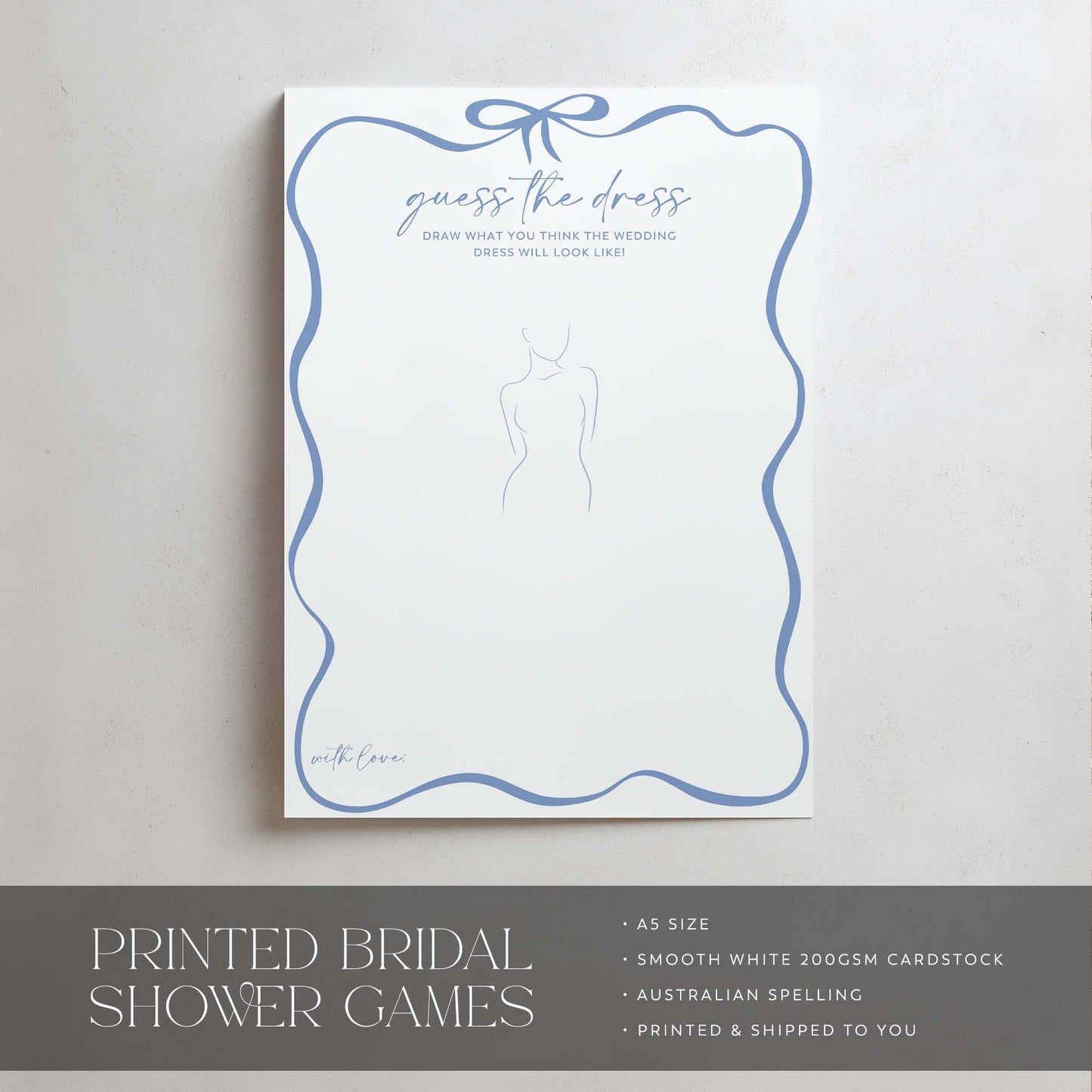 Guess the dress bridal shower game card with a white background and 'Little Sourcé' branding.