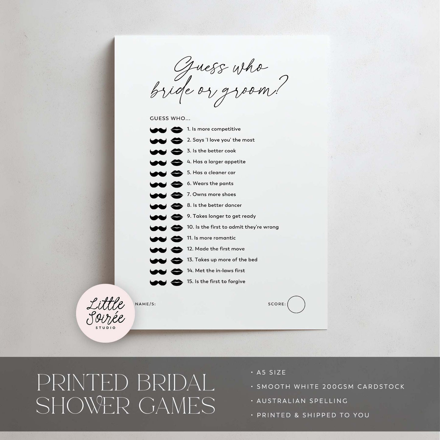 Bridal shower game card with mustache icons on a gray background