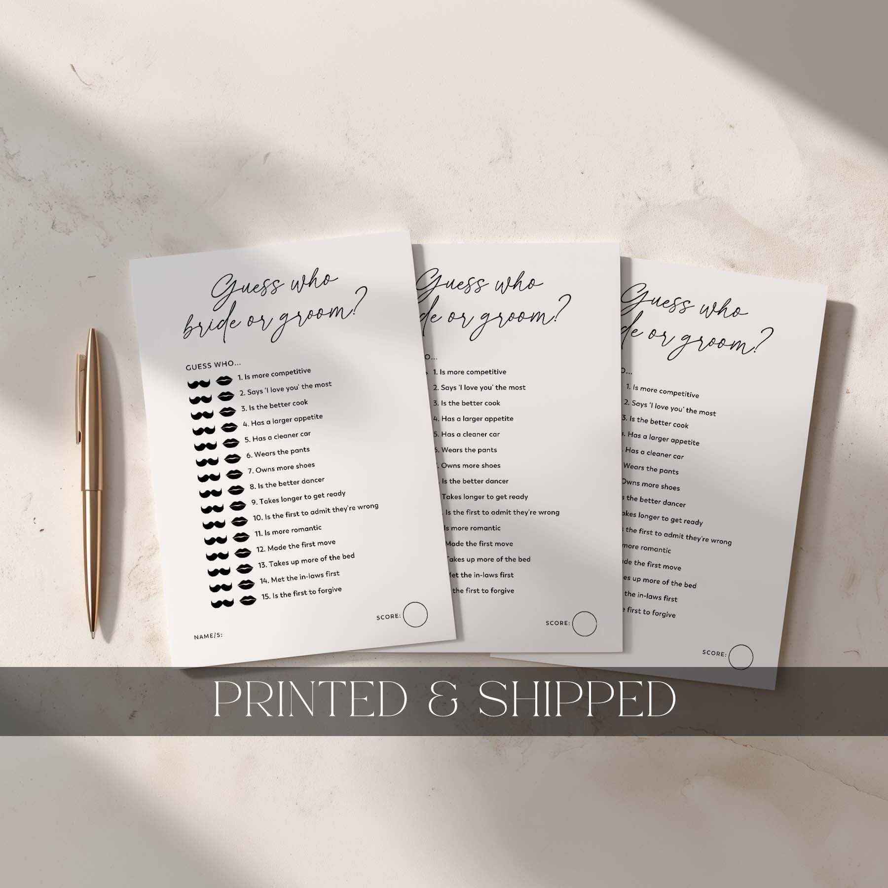 Three printed sheets with text and mustache illustrations on a light surface with a pen.