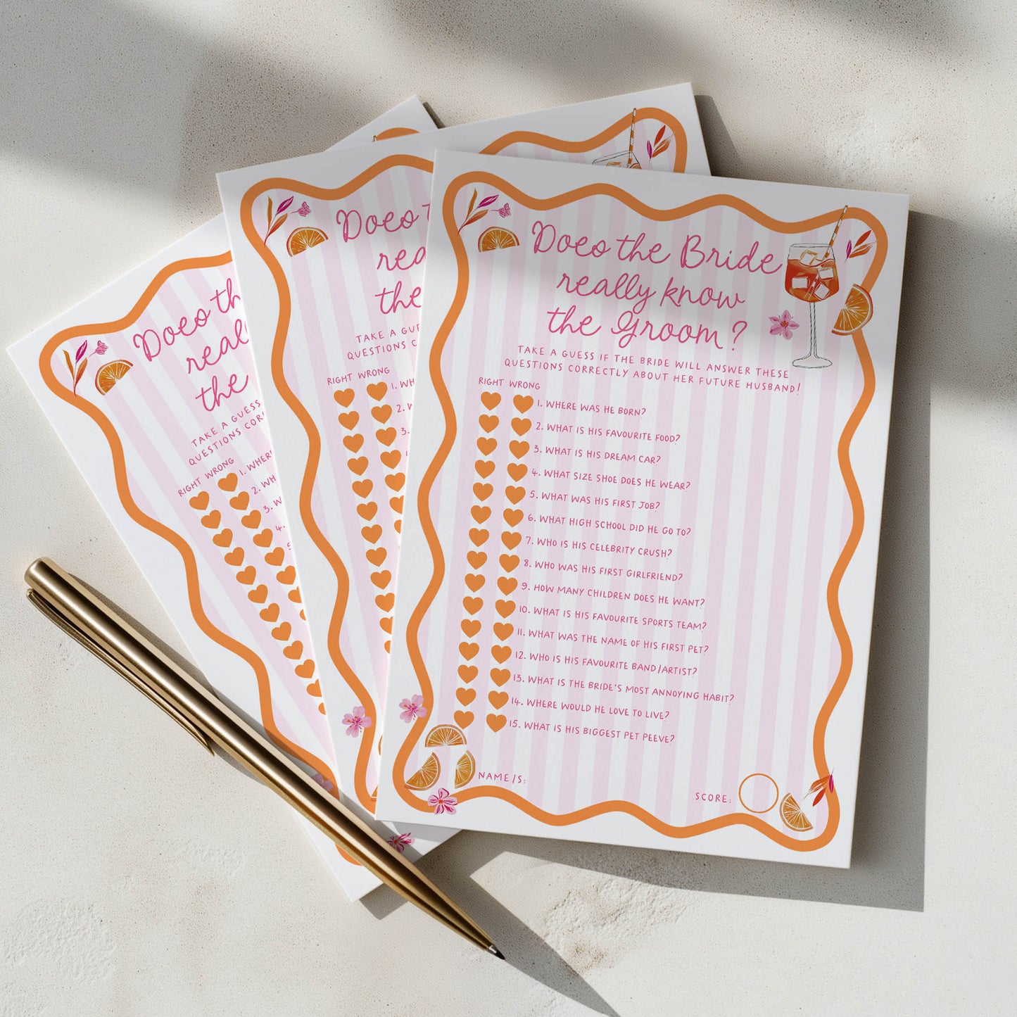 Three 'Does the Bride Really Know the Groom?' questionnaires with decorative borders on a light surface.