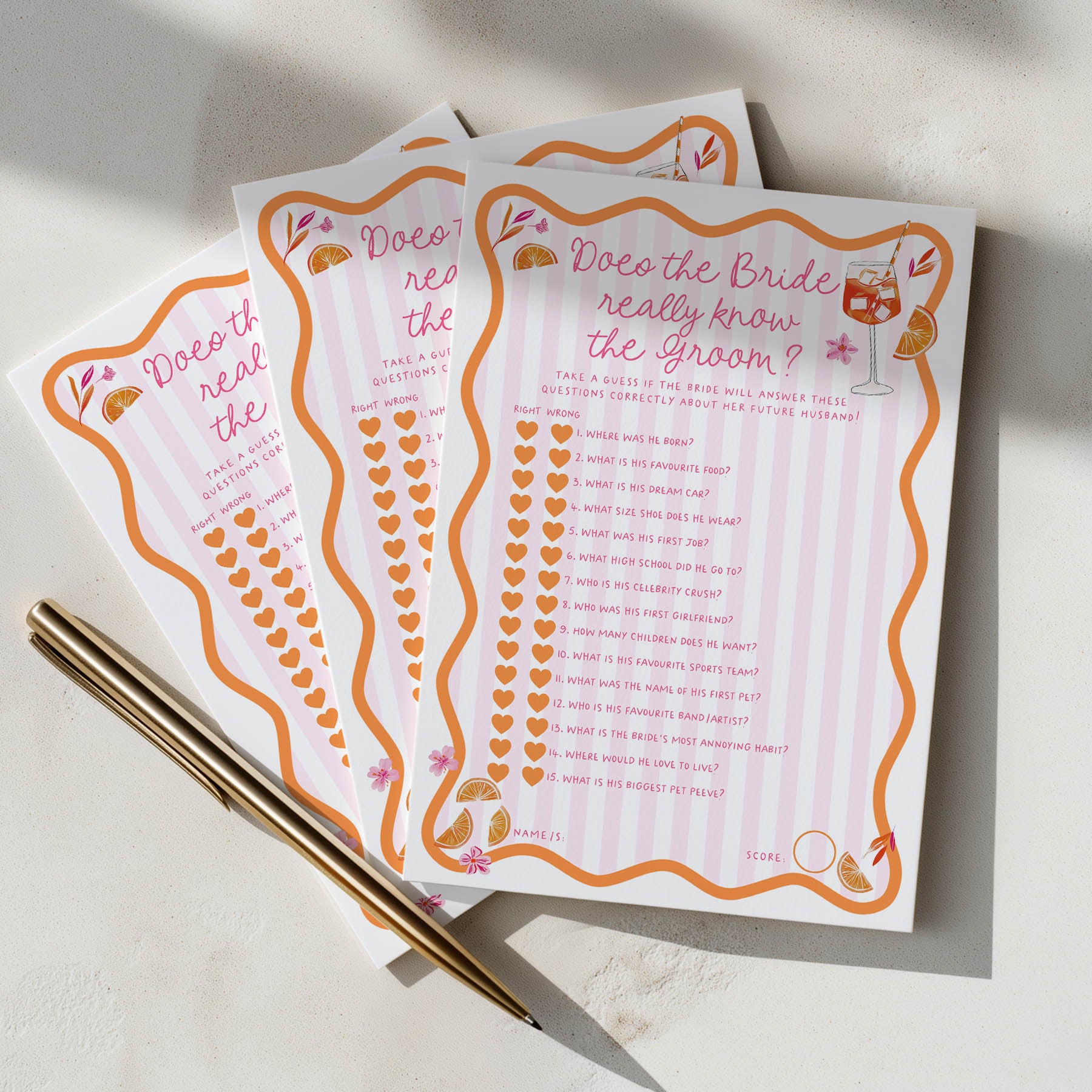 Three 'Does the Bride Really Know the Groom?' questionnaires with decorative borders on a light surface.