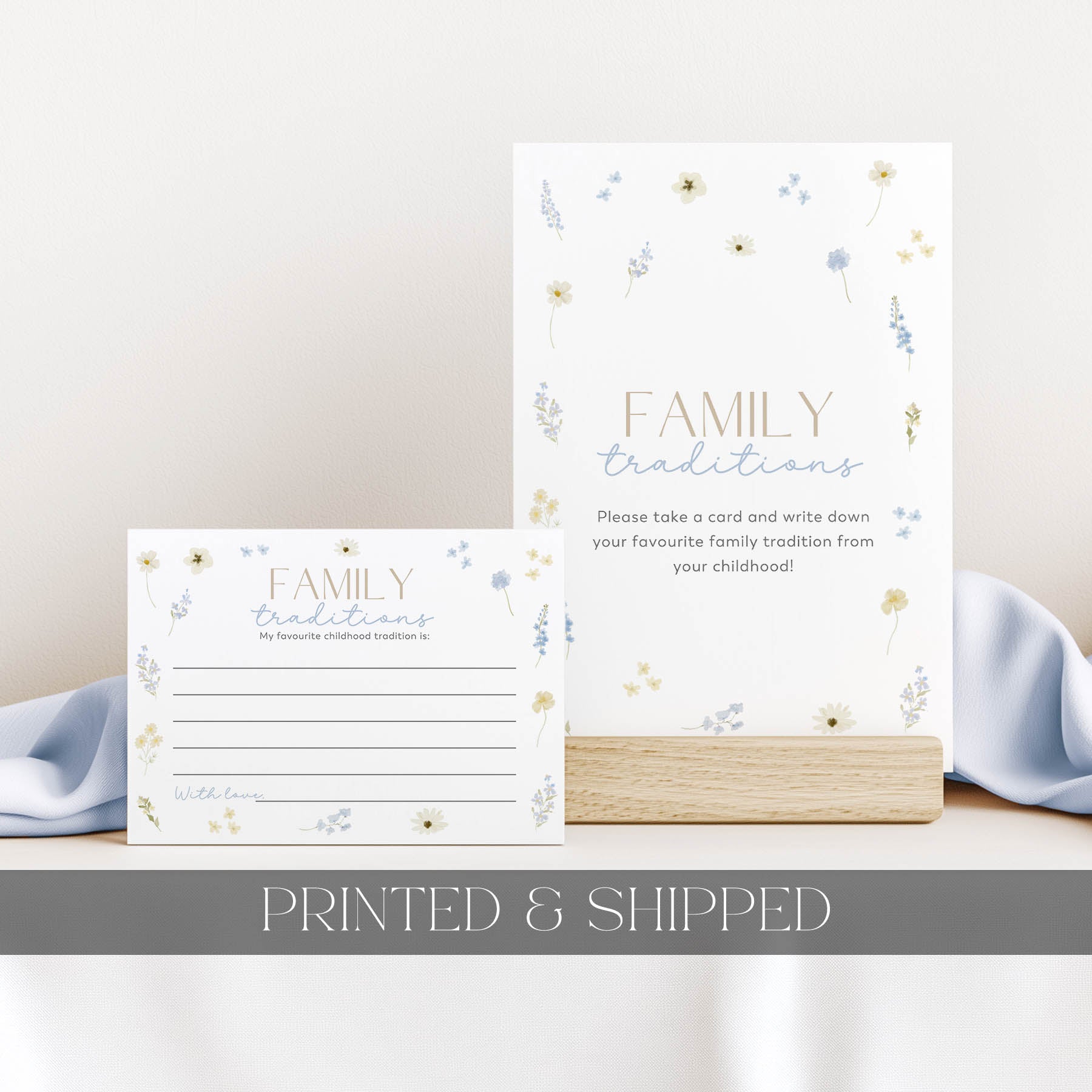 Two family tradition cards with floral design on a light background