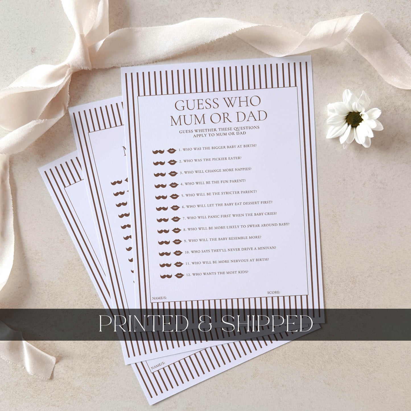 Printed baby shower game sheet with lip prints on a beige background