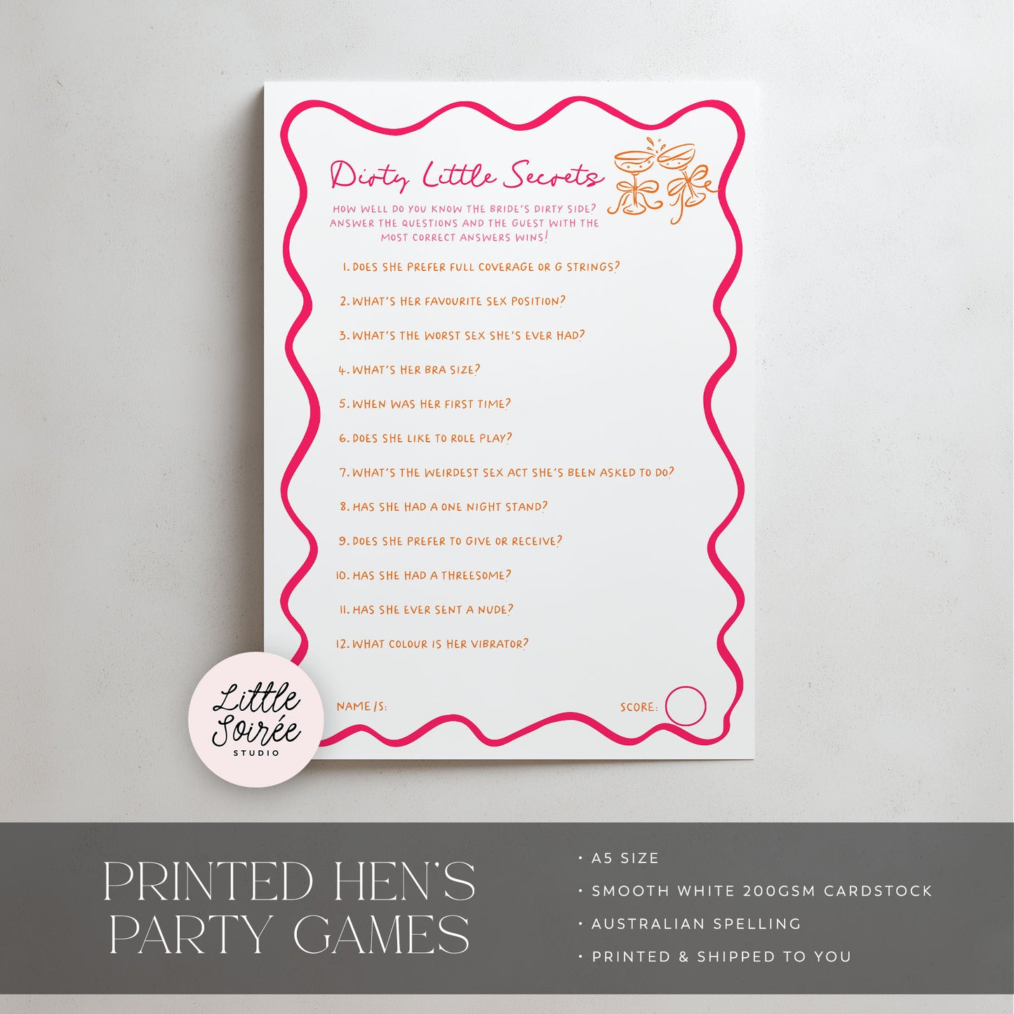 A printable party game card titled 'Dirty Little Secrets' with a pink wavy border and printed questions, shown on a light background with a circular 'Little Tarzie Studio' logo. A dark gray banner at the bottom reads 'PRINTED HEN'S PARTY GAMES' with feature bullet points.