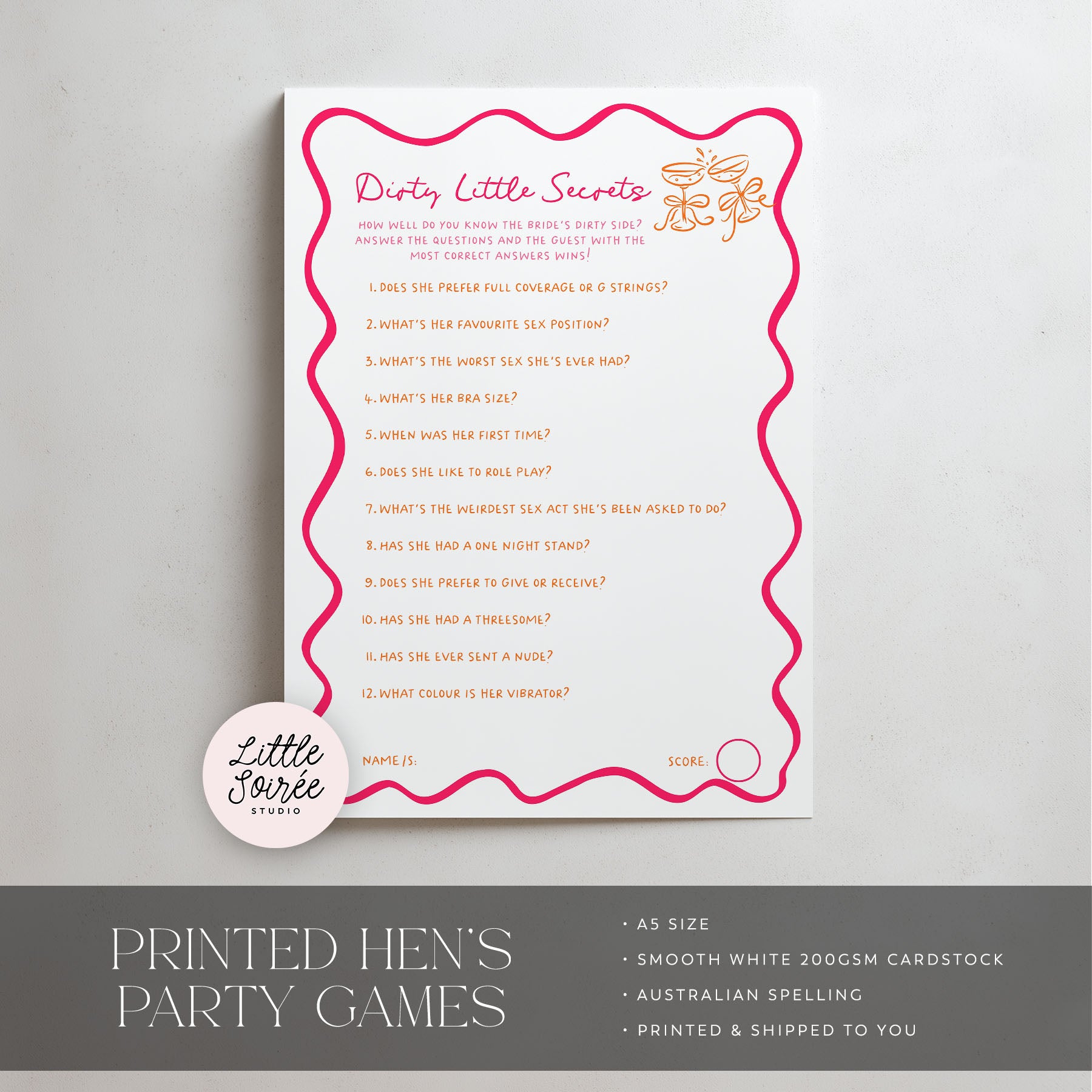 A printable party game card titled 'Dirty Little Secrets' with a pink wavy border and printed questions, shown on a light background with a circular 'Little Tarzie Studio' logo. A dark gray banner at the bottom reads 'PRINTED HEN'S PARTY GAMES' with feature bullet points.