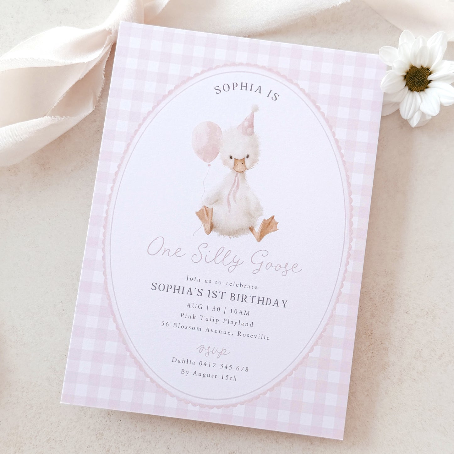 Invitation card with a goose illustration on a checkered background