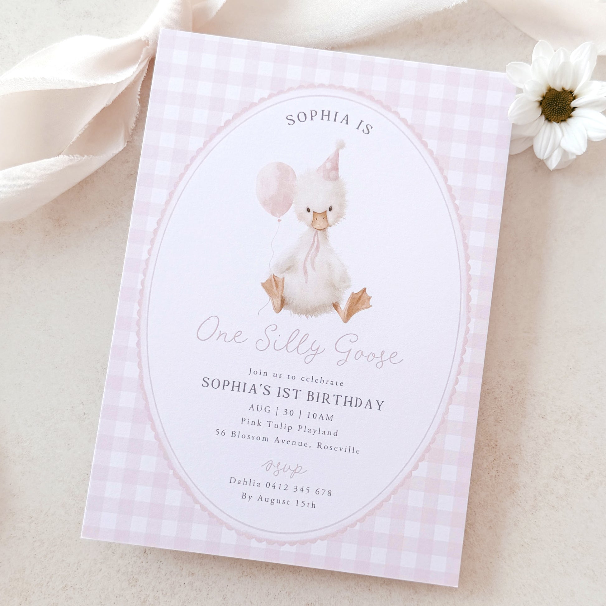 Invitation card with a goose illustration on a checkered background