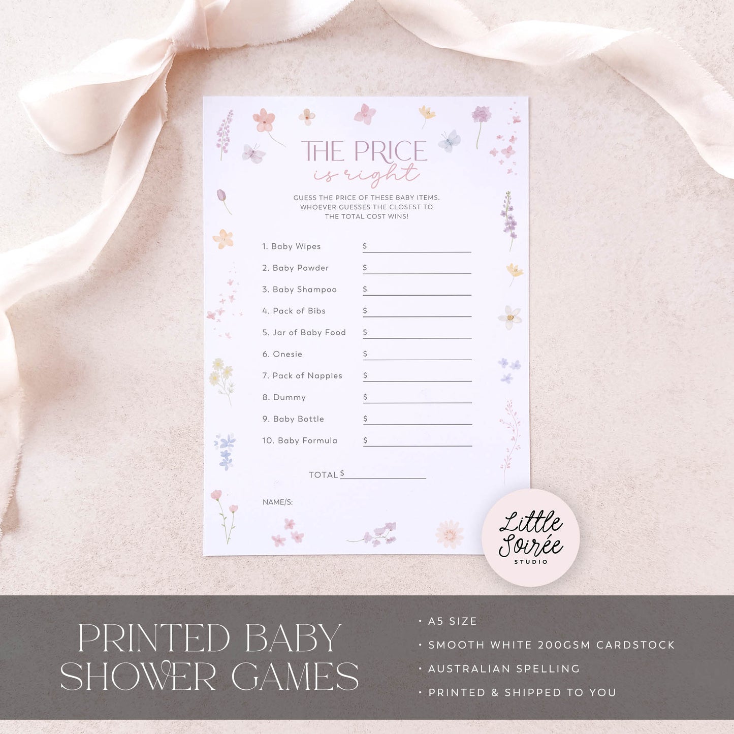 Printed Price is Right Baby Shower Game – Pink Wildflower | Baby Shower Games Australia