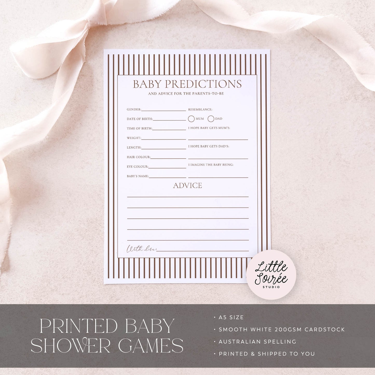 Baby shower game card on a soft pink fabric background with 'Little Souris Studio' branding.
