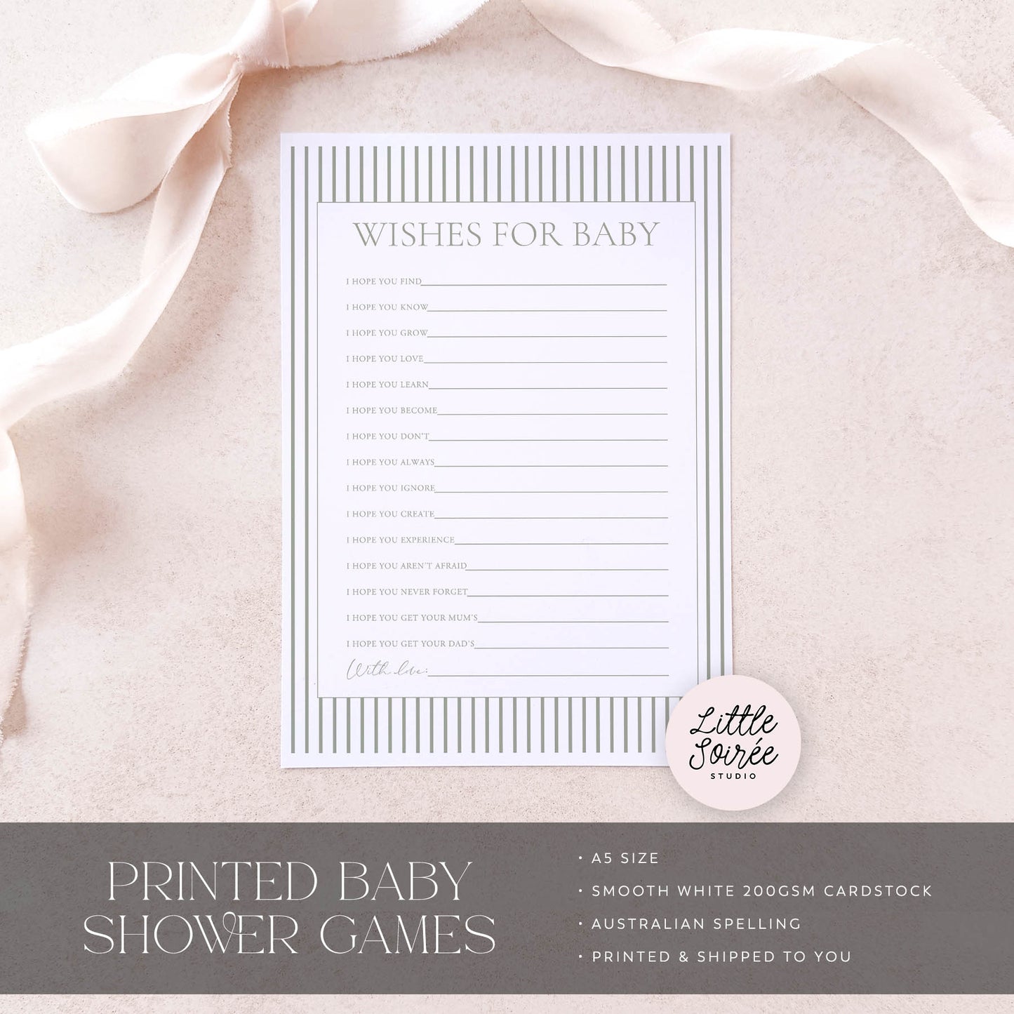 Baby name race game sheet on a soft fabric background with 'Little Souris Studio' branding.